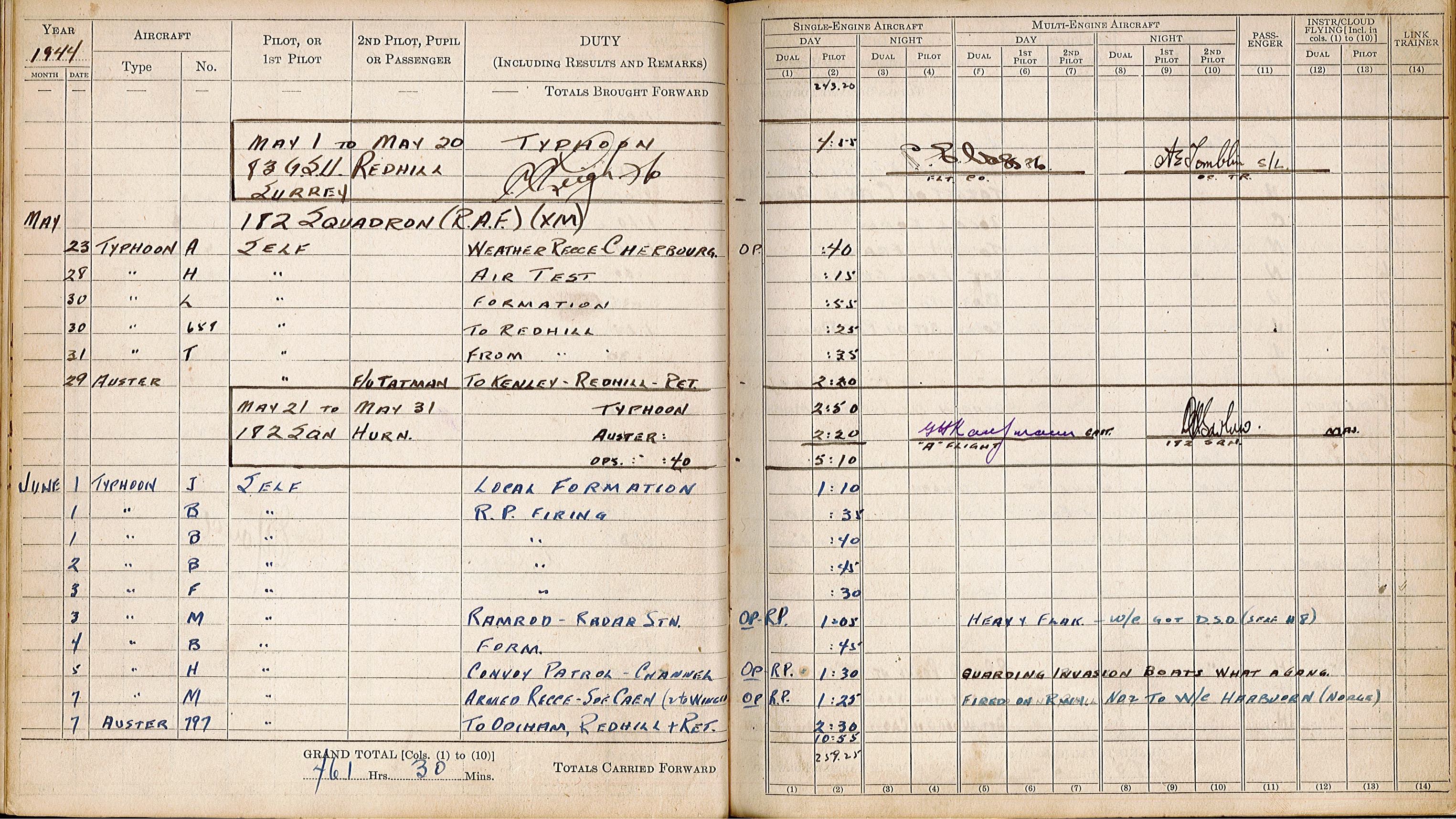 Clayton Leigh Flight Log 4 of 4 Page 02 June 1944 Comments What a Gong